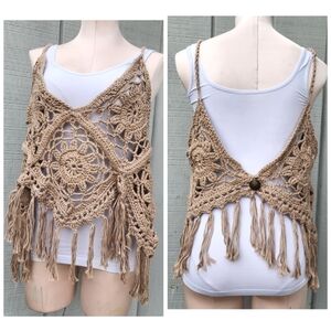 Handmade NWOT Crochet Boho Granny-square Fringed Crop Top L* Beige 100% Cotton